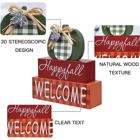 Fall Decorations for Home, Large Size 3-layered Wood Block with Pumpkin Element - Picture 5 of 7